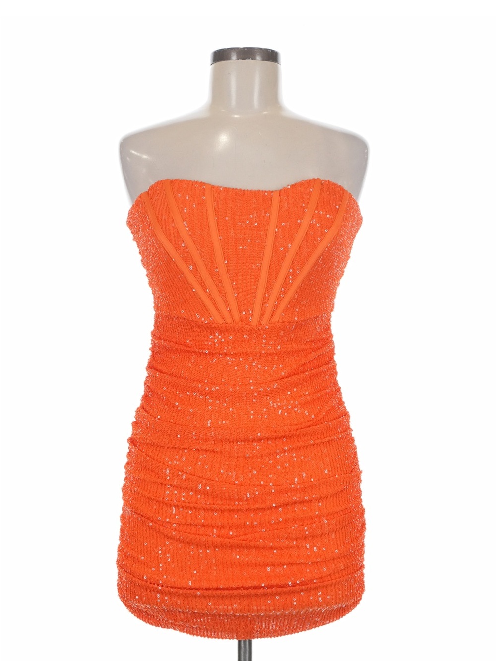 Fashion Nova Strapless Orange Sequin Ruched Mini Dress